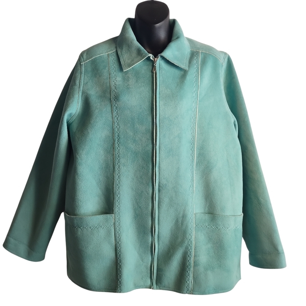 Alfred Dunner Womens Teal Green Zip Up Faux Suede Fleece Lined Jacket Size 12